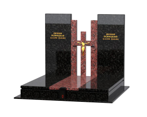 Элитный памятник для двоих из красного и чёрного гранита с распятием на кресте